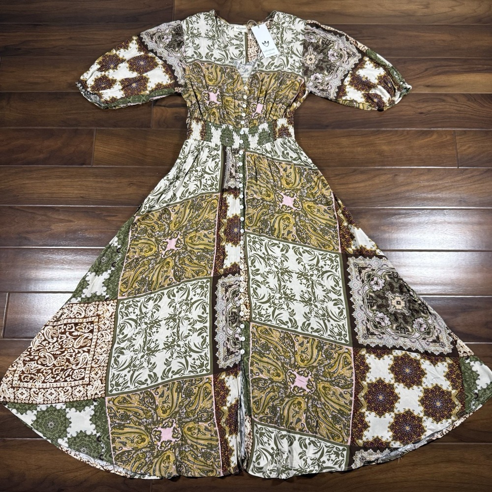 Talisman Women's Size Medium Paisley Garden Halo V Neck Midi Maxi Dress